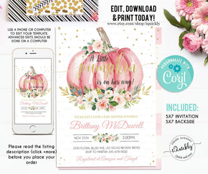 EDITABLE Pumpkin Baby Shower Invitation, Floral Pink and gold Girl Pumpkin Baby Shower Invites, Fall, Autumn Instant Download Template