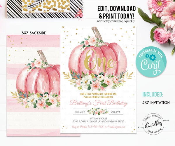 EDITABLE Pumpkin Birthday Invitation, First Birthday Floral Pink and gold Girl White Pumpkin, 1st Fall Autumn Instant Download Template