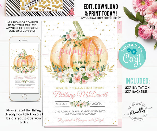 Pumpkin Baby Shower Invitation Editable, Girl Pumpkin Baby Shower Invites, Fall, Autumn Invitations, Instant Download Template Printable