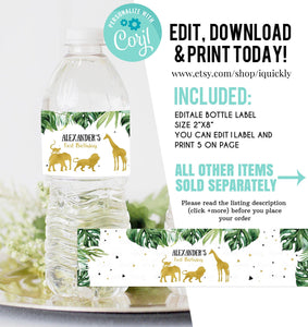 EDITABLE Jungle gold Bottle Label, Safari Water labels Printable 1st Birthday Template, Wild One  Lion Giraffe Elephant Boy Instant download