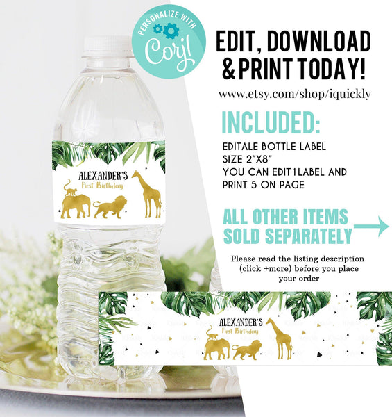 EDITABLE Jungle gold Bottle Label, Safari Water labels Printable 1st Birthday Template, Wild One  Lion Giraffe Elephant Boy Instant download