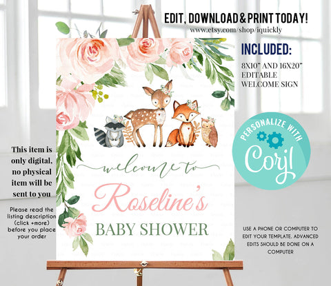 Woodland Baby Shower Welcome Sign, EDITABLE, Girl woodland animals Birthday sign, Digital, Woodland Theme Instant download Template