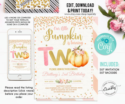 Editable Pumpkin 2nd Birthday Invitation, Little pumpkin Invitations, Fall Autumn Birthday Invites Instant download Printable template