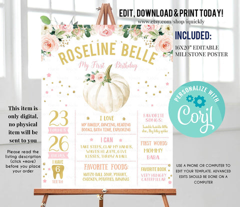 Pumpkin Milestone Birthday Poster, EDITABLE First Birthday Chalkboard sign, Floral Fall Pink and gold 1st birthday poster template download