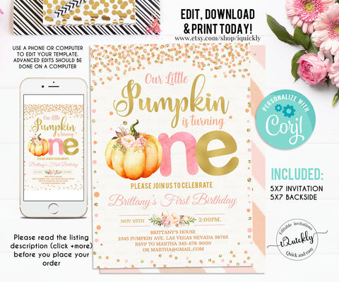 Editable Pumpkin First Birthday Invitation, Little pumpkin Invitations, Fall Autumn 1st Birthday Invites Instant download Printable template