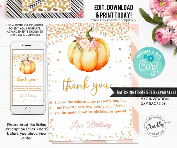 EDITABLE Pumpkin Cupcake Toppers, Little Pumpkin Girl Baby Shower Decorations, Fall Autumn Pink gold Cake toppers Instant download Printable
