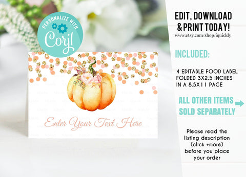 EDITABLE Pumpkin Food tags, Little Pumpkin Buffet label, Fall Autumn Tent card Food Labels, Place Cards, Table Card, Girl Instant download