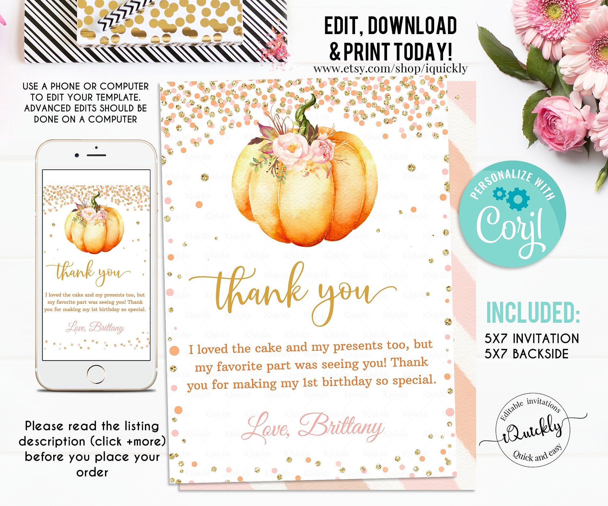 Editable Pumpkin Thank you card, Little pumpkin note card, Fall Autumn 1st Birthday card Instant download Printable template