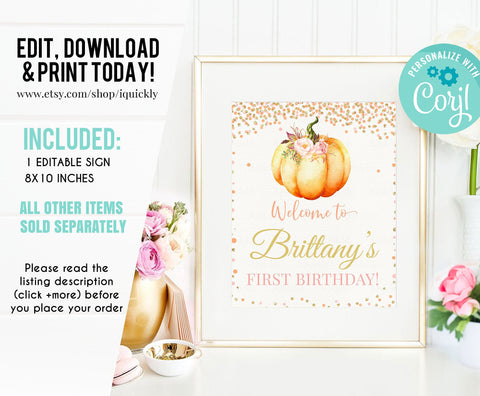 EDITABLE Pumpkin Birthday Party Welcome sign, Little Pumpkin Printable 1st Birthday Decorations Template, Fall Autumn Instant download