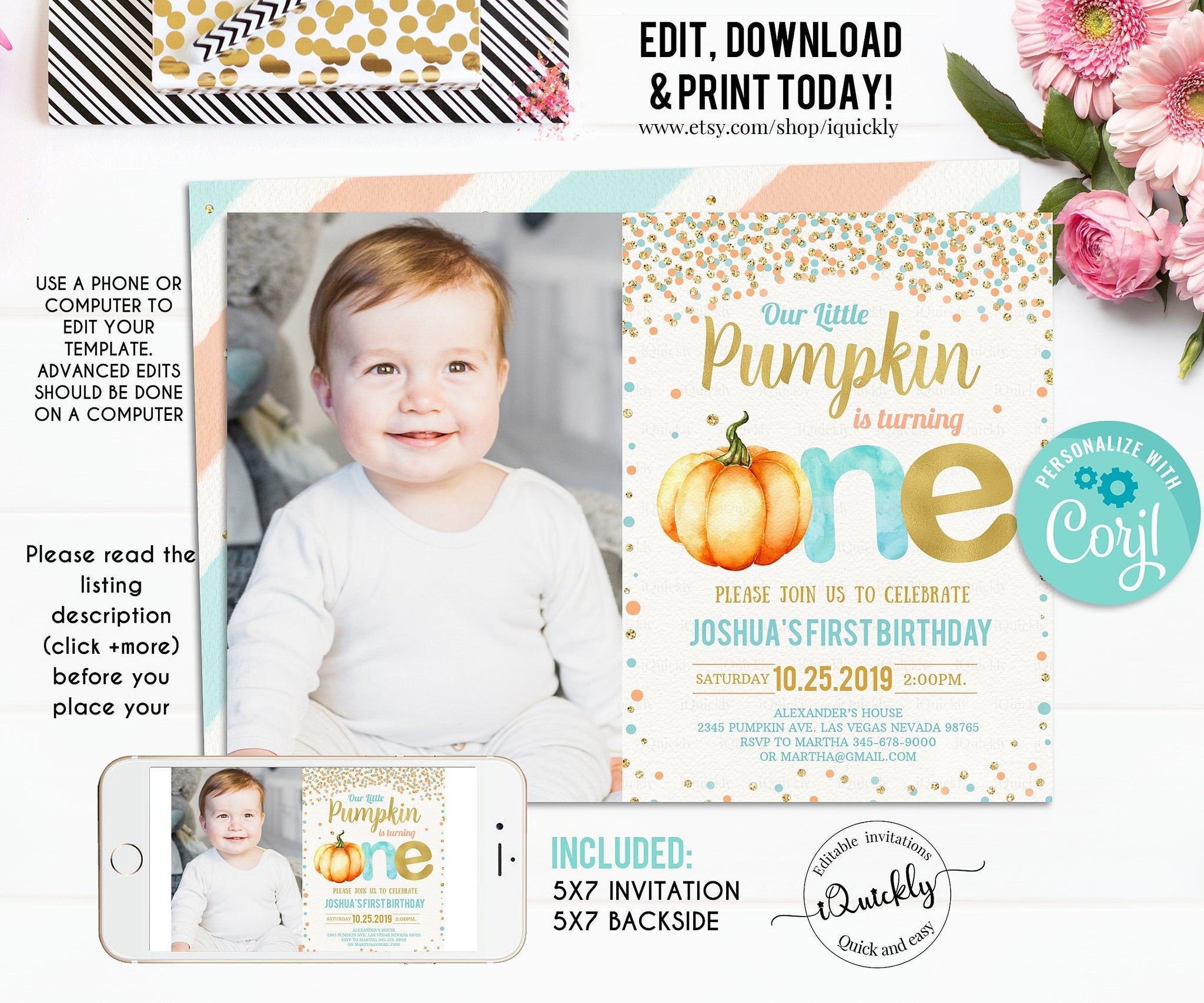 Editable Pumpkin First Birthday Invitation, Little pumpkin Invitations, Boy photo Fall Autumn 1st Birthday Invites Instant download template