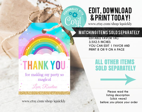 Rainbow Thank you card EDITABLE, ANY Age, Rainbow Confetti Thank you note Party Girl or Boy, instant Download Printable Digital Template