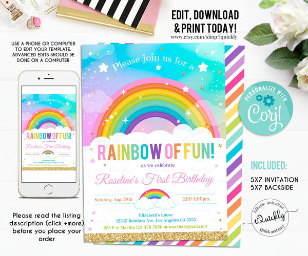 Rainbow Thank you card EDITABLE, ANY Age, Rainbow Confetti Thank you note Party Girl or Boy, instant Download Printable Digital Template