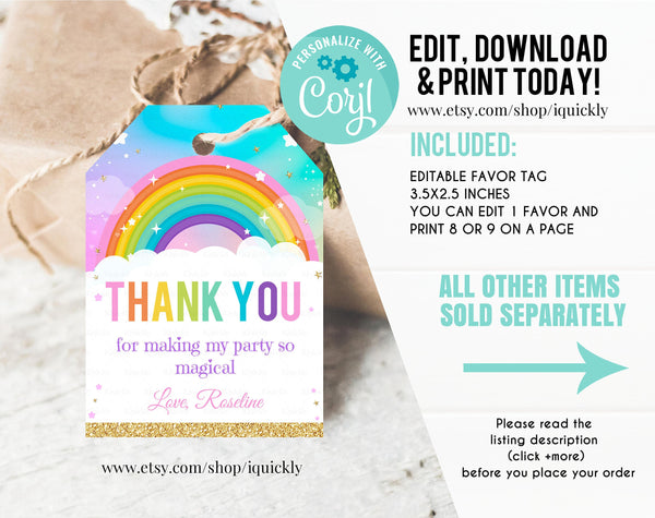 EDITABLE Rainbow favor tags, Thank you tags, Gift Tags, Rainbow Party favor Printable Template, Magical GIRL One Instant download