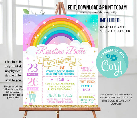 Rainbow Milestone Birthday Poster, EDITABLE First Birthday Chalkboard sign, Rainbow gold 1st birthday poster Instant download template