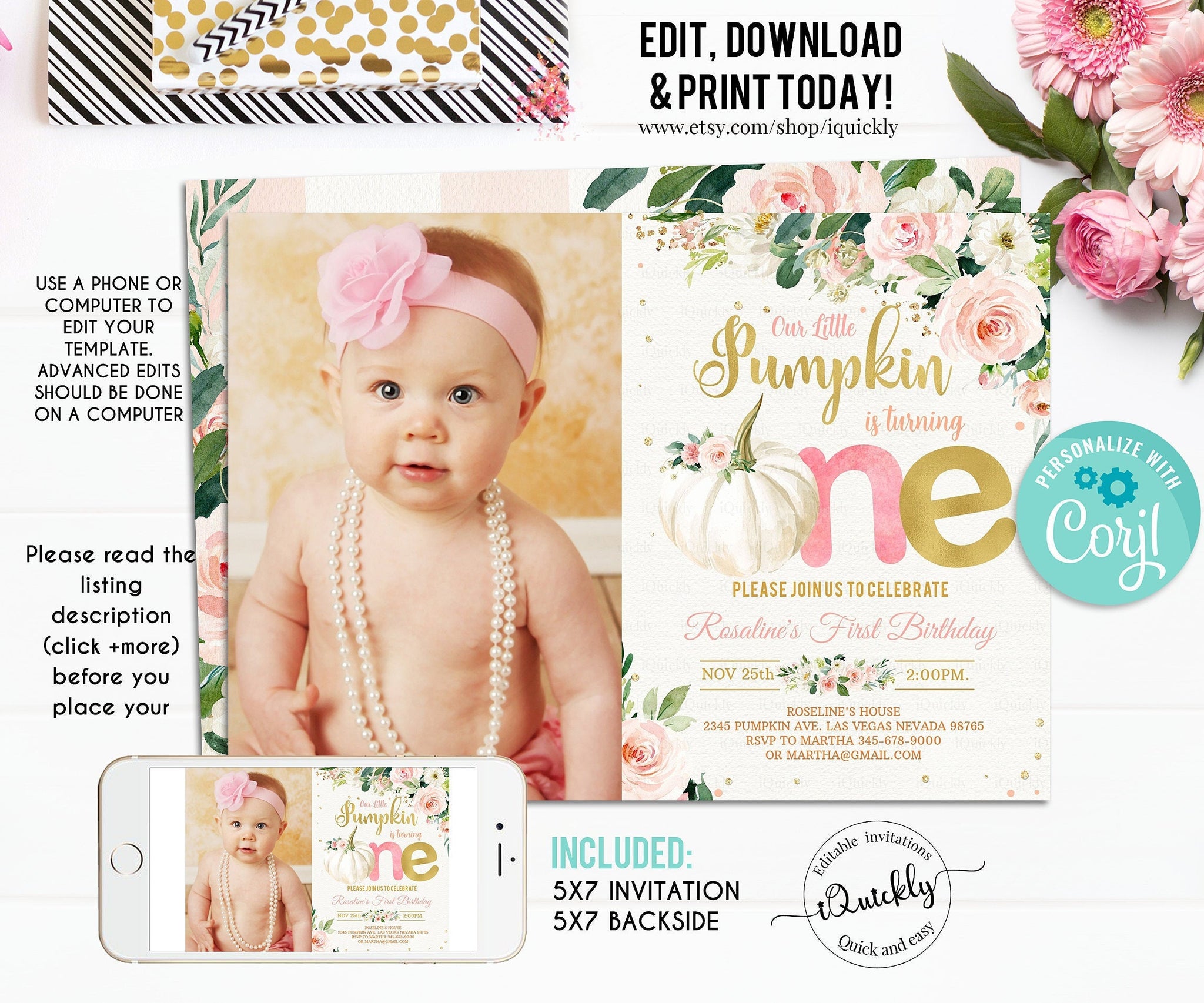 Editable Pumpkin First Birthday Invitation, Floral Pink and gold Little pumpkin Fall Autumn 1st Birthday Invites Instant download template