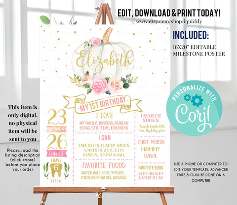 Pumpkin Milestone Birthday Poster, EDITABLE First Birthday Chalkboard sign, Fall Pink and gold 1st birthday poster Instant download template