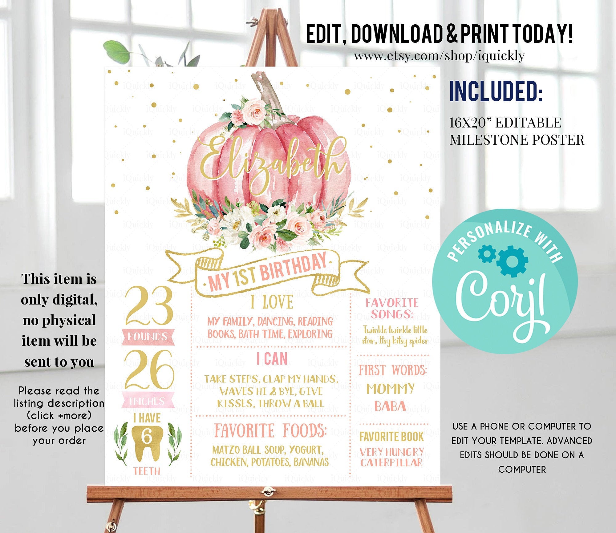 Pumpkin Milestone Poster, EDITABLE First Birthday Chalkboard board sign, Fall Pink and gold 1st birthday poster Instant download template
