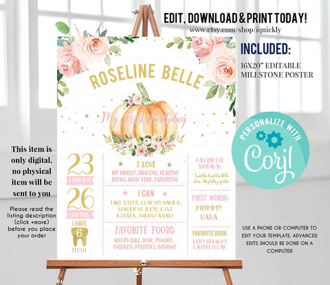 Pumpkin Milestone Birthday Poster, EDITABLE First Birthday Chalkboard sign, Fall Pink and gold 1st birthday poster Instant download template