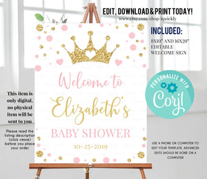 EDITABLE Princess Baby Shower Welcome sign, Pink and gold Printable 1st Birthday Decorations polka dot, Instant Download Template