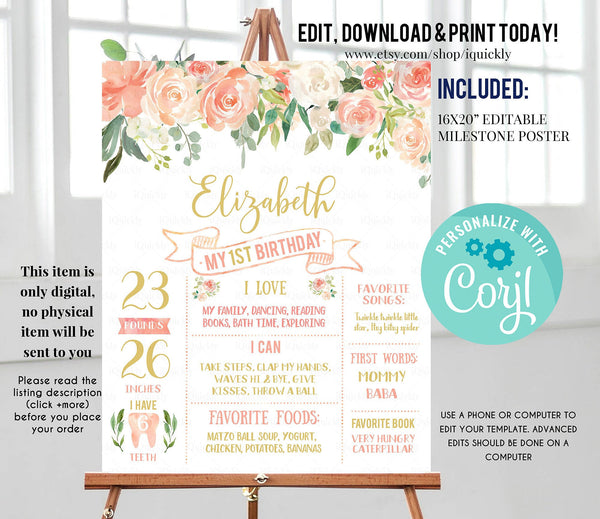 Floral Peach and cream Milestone Birthday Poster, EDITABLE First Birthday Chalkboard sign Pink and gold 1st poster Instant download template