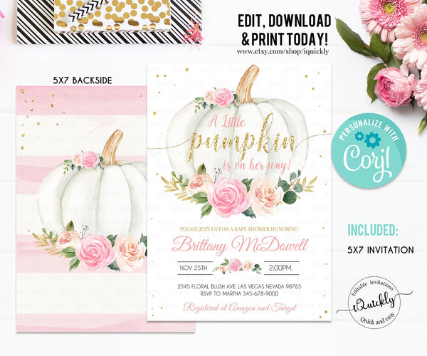EDITABLE Pumpkin Baby Shower Invitation, Floral Pink and gold Girl little Pumpkin Baby Shower Invites, Fall Autumn Instant Download Template