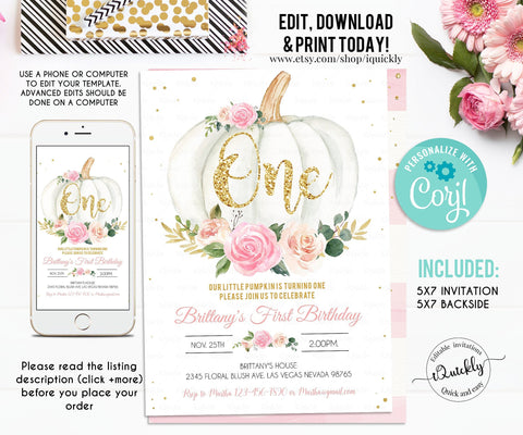 EDITABLE Pumpkin 1st Birthday Invitation Floral Pink and gold Girl Pumpkin First birthday Invites Fall Autumn Instant Download Template