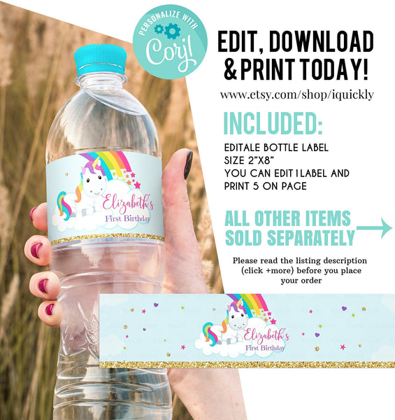 EDITABLE Rainbow Unicorn Bottle Water Labels, Magical Unicorn Pink & Gold Unicorn, Glitter Unicorn Party Instant download Printable template