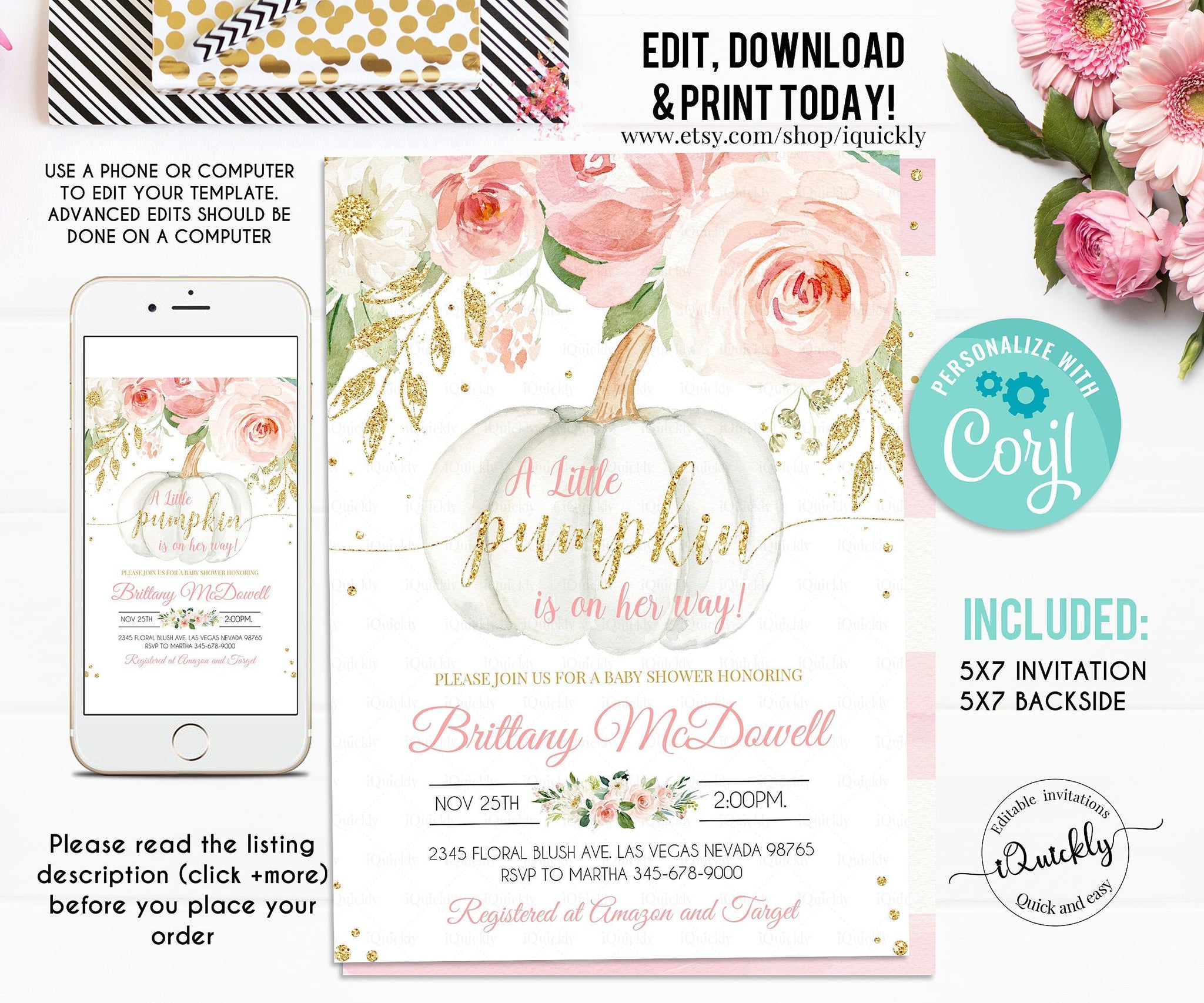 EDITABLE Pumpkin Baby Shower Invitation, Floral Pink and gold Girl White Pumpkin Baby Shower Invites, Fall, Autumn Instant Download Template