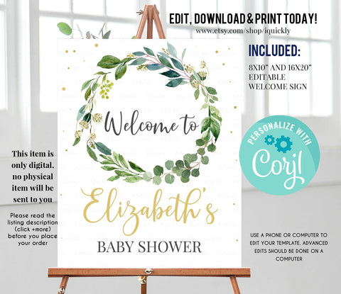EDITABLE Greenery Baby Shower Welcome Sign, Gender Neutral Eucalyptus Green & gold Printable Birthday Decorations, Instant Download Template