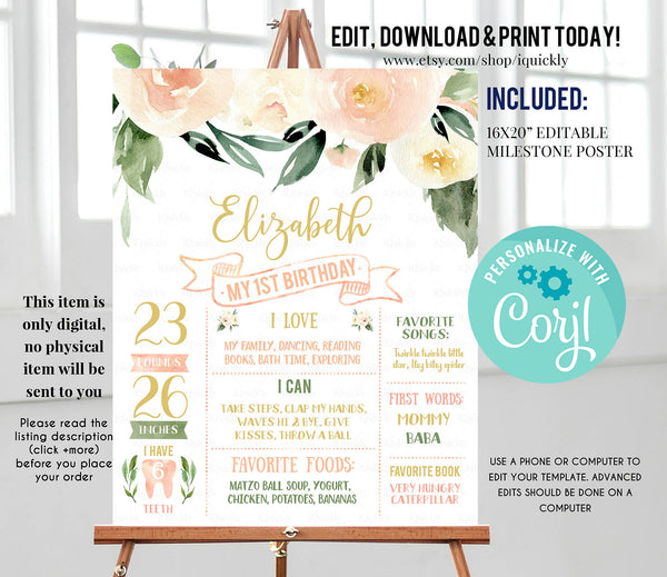 Floral Cream Greenery Milestone Birthday Poster, EDITABLE First Birthday Chalkboard sign, gold 1st birthday poster Instant download template