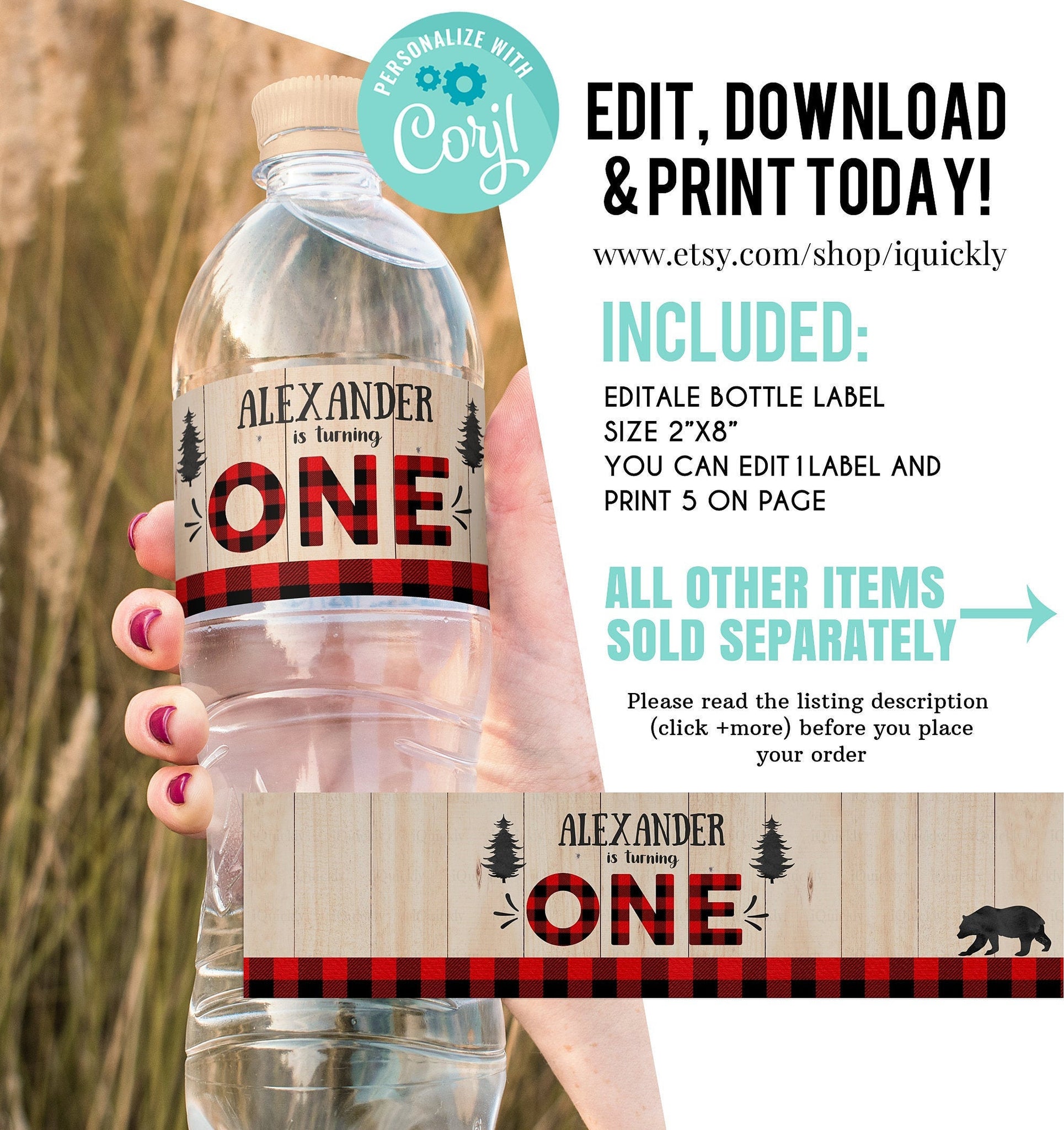 Editable Lumberjack Water Bottle labels, Buffalo Plaid Water labels, Wilderness Bear, Rustic Boy Birthday, Cub Template Instant Download