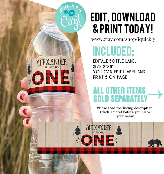 Editable Lumberjack Water Bottle labels, Buffalo Plaid Water labels, Wilderness Bear, Rustic Boy Birthday, Cub Template Instant Download