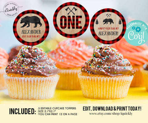 Editable Lumberjack Cupcake toppers, Buffalo Plaid Cake Toppers, Wilderness Bear, Rustic Boy, Cub Printable Template Instant Download