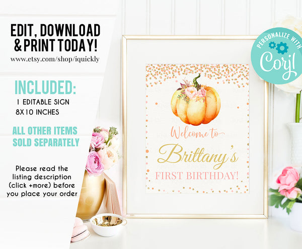 Editable Pumpkin Party Package, Little pumpkin Printable Decorations, Fall Autumn 1st Birthday Invitation Set Template Printable instant