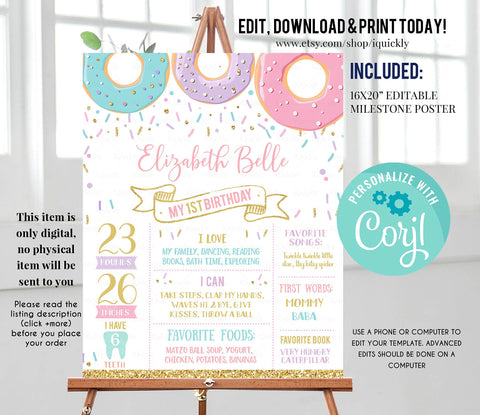 Editable Donut Milestone Birthday Poster, Doughnut 1st Birthday Board, Donut Grow Up Party Chalkboard sign Template Instant Download