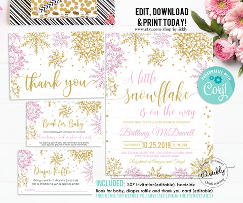 Editable Snowflake Baby Shower Invitation Set, EDITABLE Girl Winter Pink and gold Pack invitations Package a little snowflake is on the way