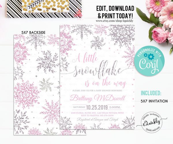 Editable Snowflake baby shower invitation, A little snowflake is on the way invitations, Girl Winter pink silver invites, Template download