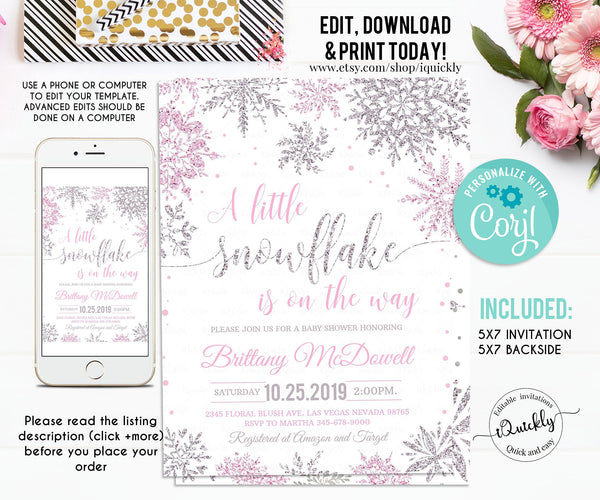 Editable Snowflake baby shower invitation, A little snowflake is on the way invitations, Girl Winter pink silver invites, Template download