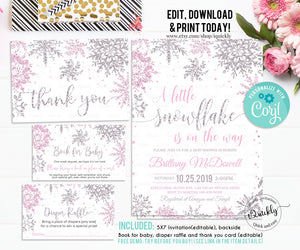 Editable Snowflake Baby Shower Invitation Set, EDITABLE Girl Winter Pink Silver Pack invitations Package a little snowflake is on the way