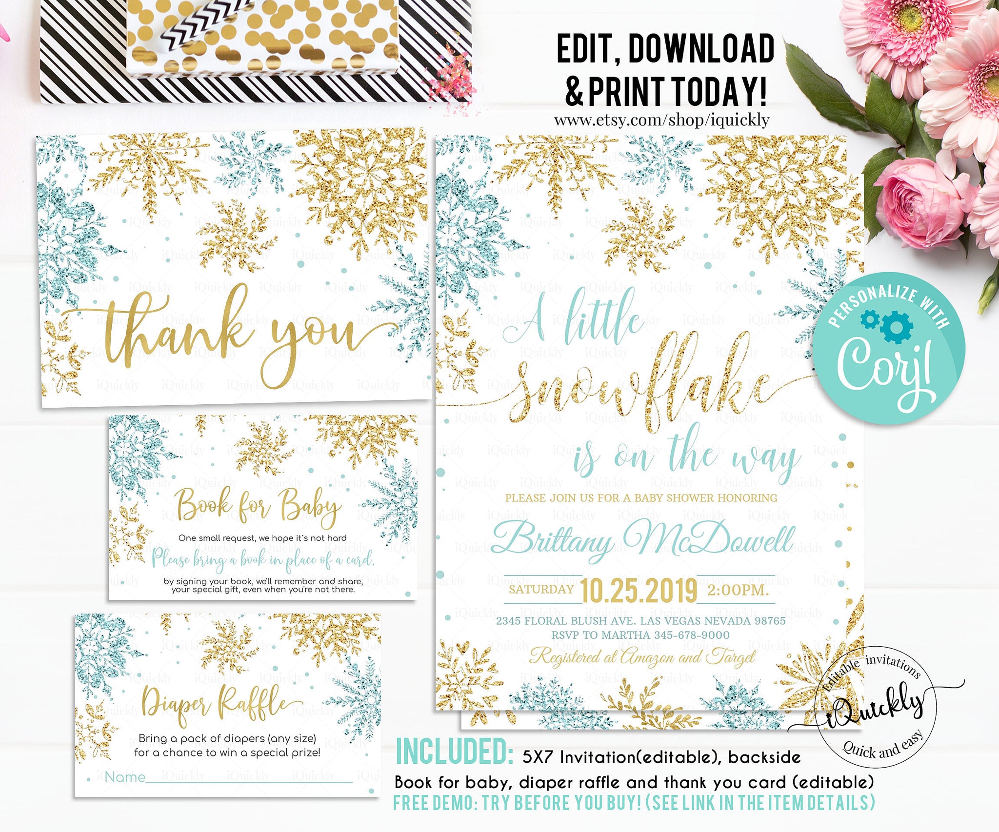 Editable Snowflake Baby Shower Invitation Set, EDITABLE Boy Winter Blue and gold Pack invitations Package a little snowflake is on the way