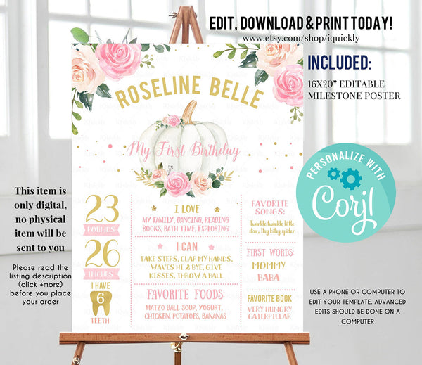 Pumpkin Milestone Birthday Poster, EDITABLE First Birthday Chalkboard sign, Fall Pink and gold 1st birthday poster Instant download template