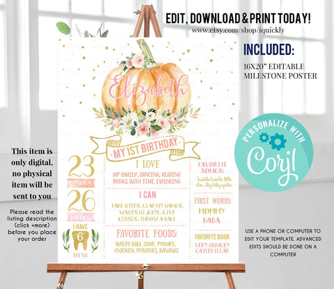 Pumpkin Milestone Birthday Poster, EDITABLE First Birthday Chalkboard sign, Fall Pink and gold 1st birthday poster Instant download template