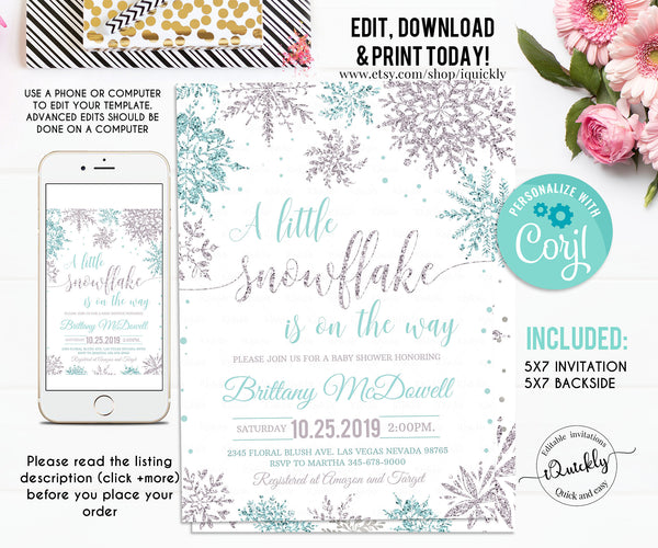 Snowflake baby shower invitation, EDITABLE A little snowflake is on the way invitations, Boy Winter blue silver invites, Template download