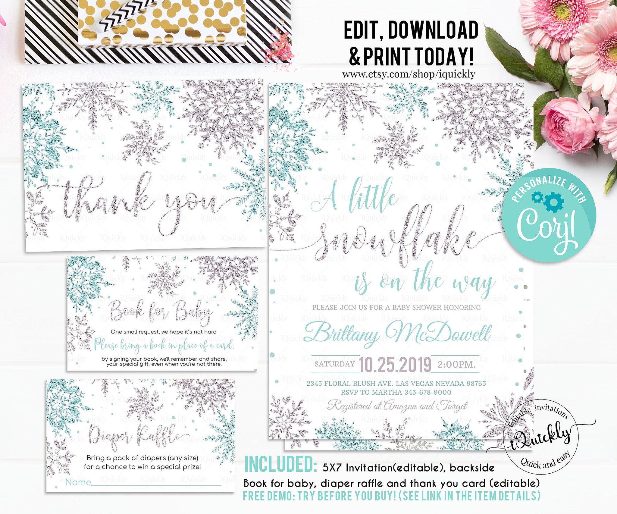 Editable Snowflake Baby Shower Invitation Set, EDITABLE Boy Winter Blue silver Pack invitations Package a little snowflake is on the way