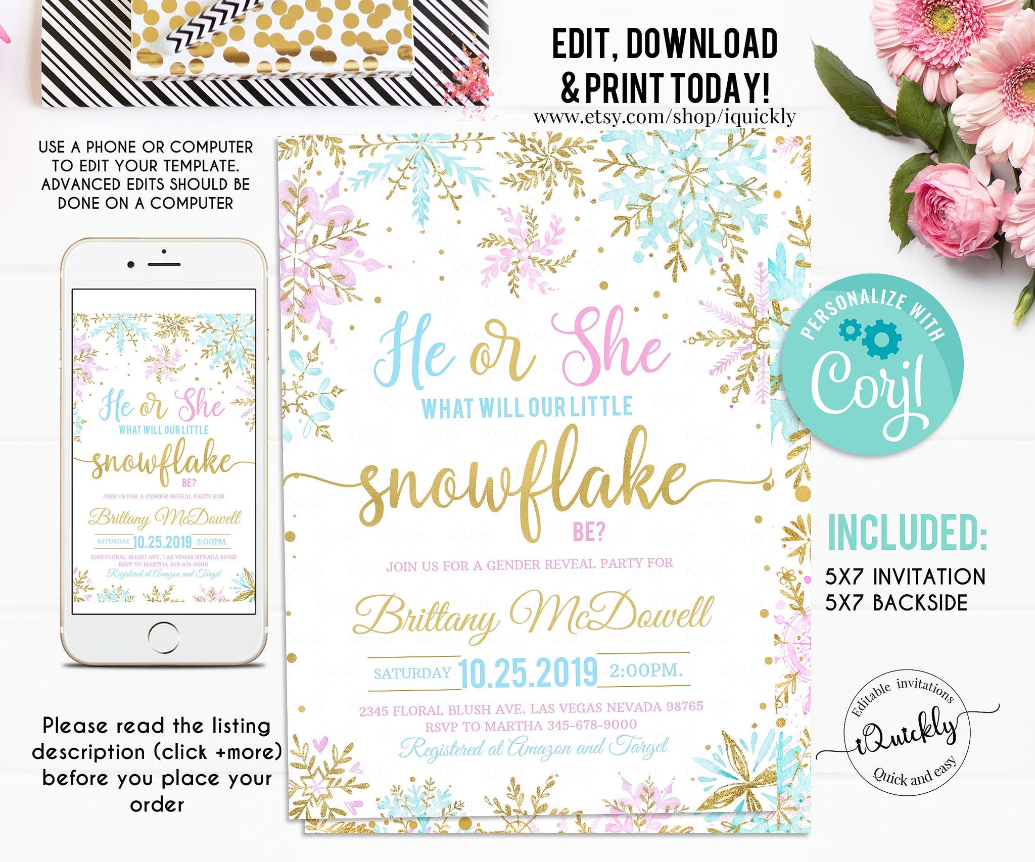 Editable Snowflake baby shower invitation, Gender Reveal A little snowflake is on the way invitations, Winter invites, Template download
