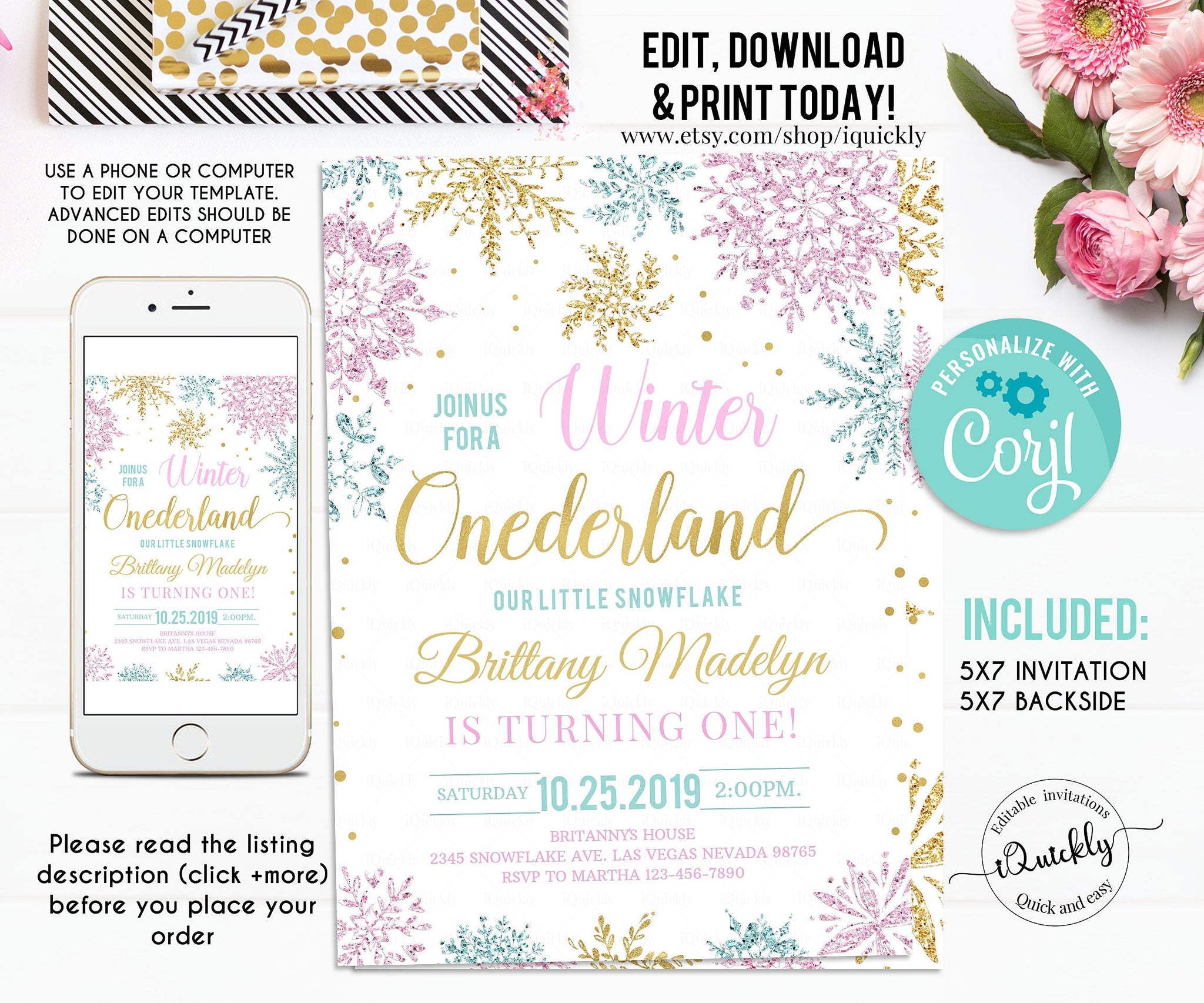 Editable Winter Onederland Invitation, Girl Snowflake First Birthday Pink blue gold Winter Wonderland Invites 1st Birthday Template Download