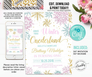 Editable Winter Onederland Invitation, Girl Snowflake First Birthday Pink blue gold Winter Wonderland Invites 1st Birthday Template Download