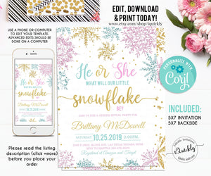 Editable Snowflake baby shower invitation, Gender Reveal A little snowflake is on the way invitations, Winter invites, Template download