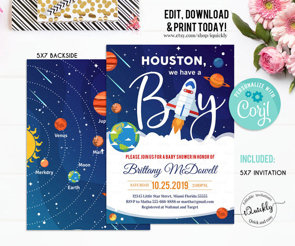 Space Baby Shower Invitation, Editable Planet Baby Shower Invitations, Solar System Invitation, It's a Boy Invite Template Instant download