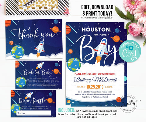 Space Baby Shower Invitation Set, Editable Planet Baby Shower Bundle Pack, Solar System Package, It's a Boy Invite Template Instant download